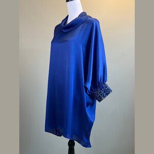 Royal Blue LIMELIGHT High Low Silky Blouse W/ Cowl Neck & Embroidered Cuff